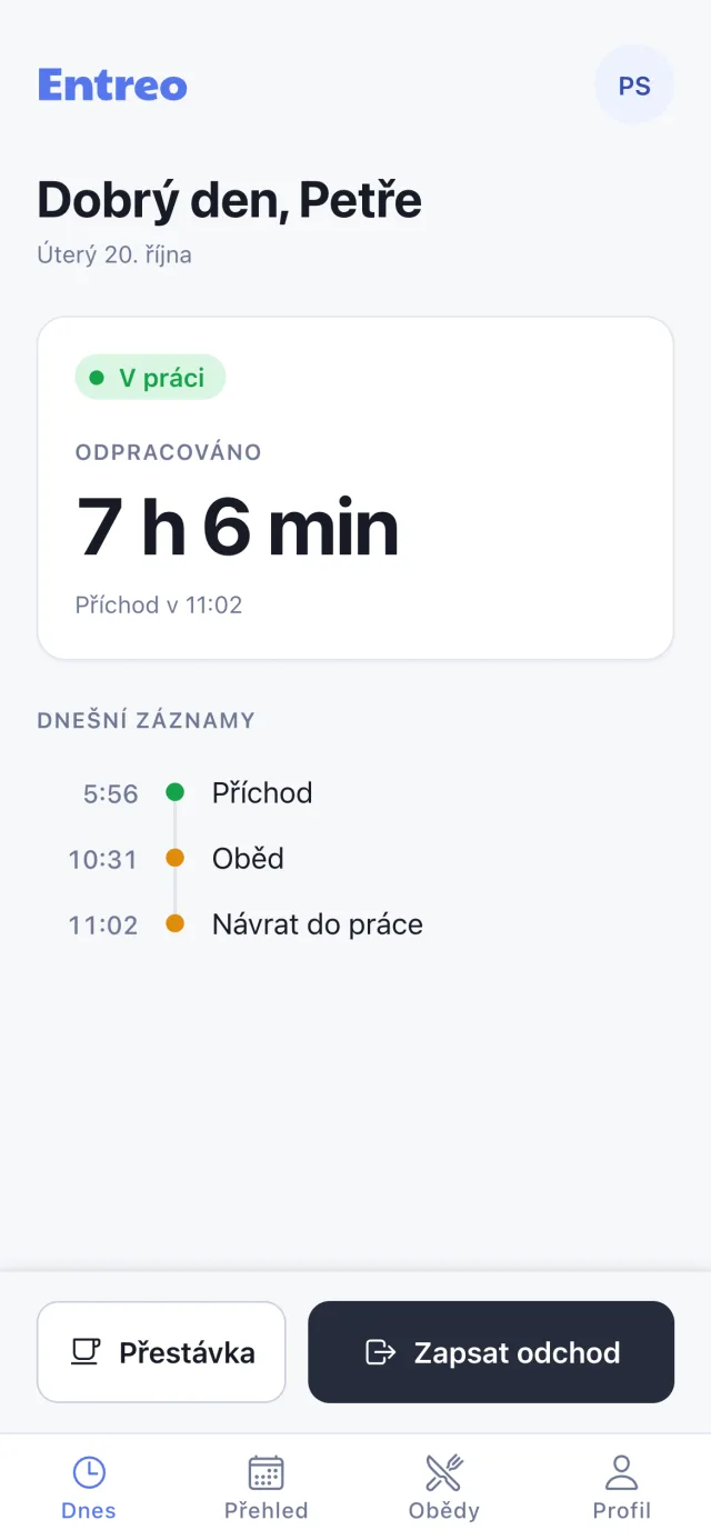 Mobilní aplikace Entreo: Příchod a odchod v mobilu