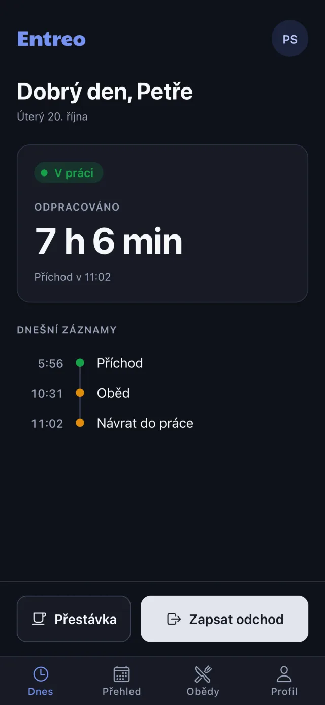 Obrazovka Dnes v tmavém vzhledu