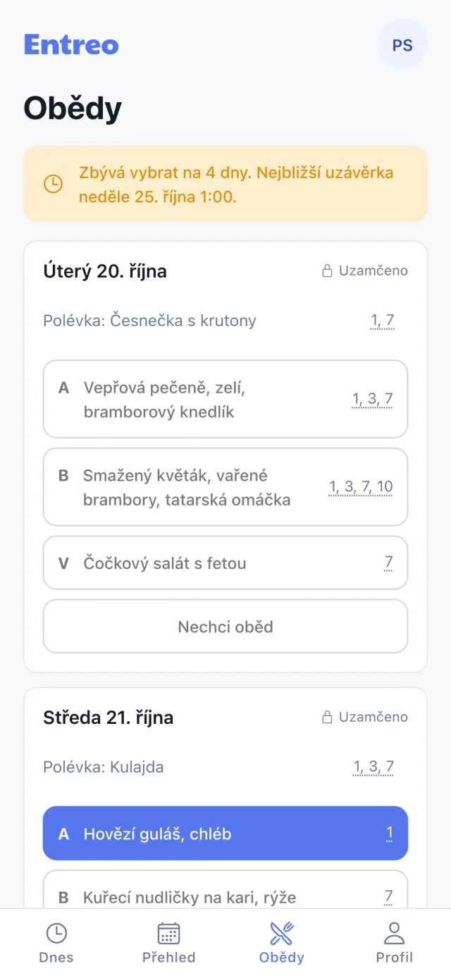 Výběr oběda na další dny v mobilní aplikaci Entreo